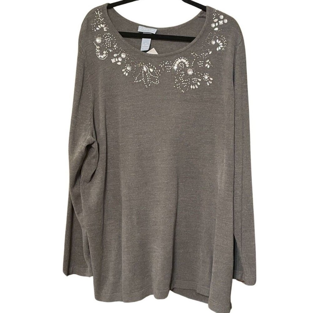 Liz & Me Sweater Womens 3X 26/28W Plus Pullover Gray Rhinestones Long Sleeve